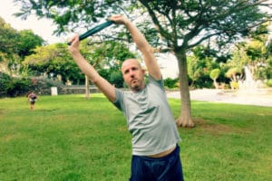 Mr GCL does pilates in the park with a resistance band